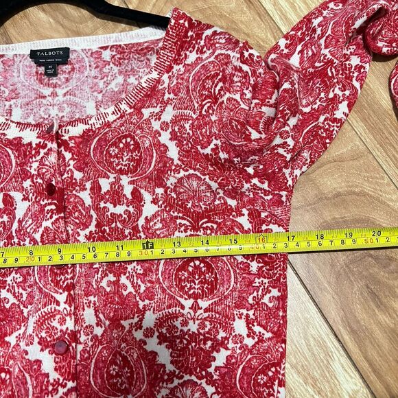 Talbots 100% Merino Wool Sweater Cardigan Size M Red Printed Button Front Artsy - Picture 5 of 6